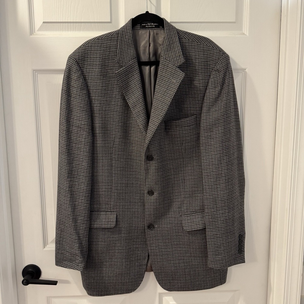 Men Size 42 L Long Andrew Fezza Black & Gray Wool Blazer Suit‎ Jacket Sport Coat